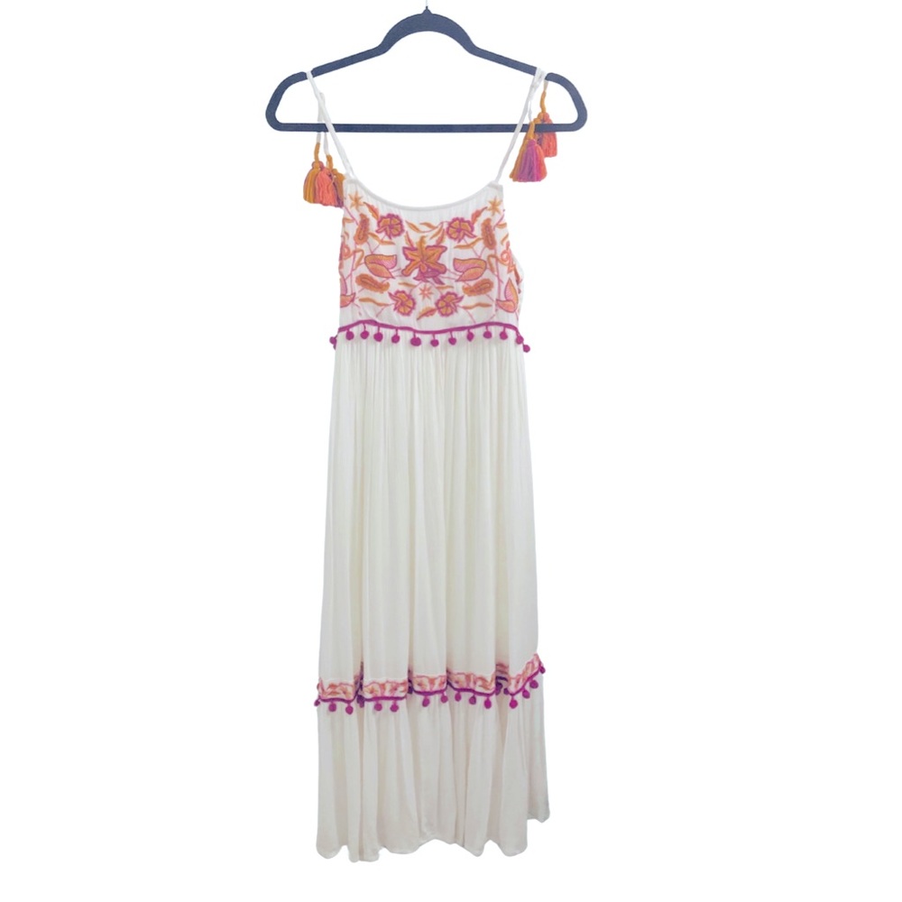 Raga Embroidered Boho Floral White Maxi Dress Size S